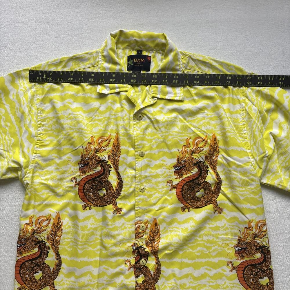 Bay Creek Dragon Print Shirt Mens Large Yellow Short Sleeve Tropical Button Up - Picture 9 of 16